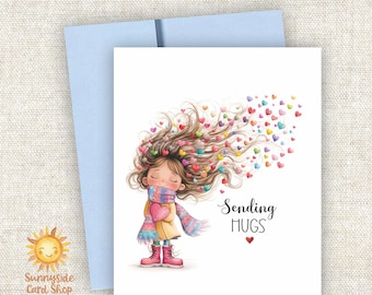 Sending Hugs Encouragement Greeting Card: Whimsy Girl Rainbow hearts