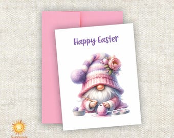 Easter Gnome Greeting Card: Egg Painting, Floral Hat (A2 Folded Card)