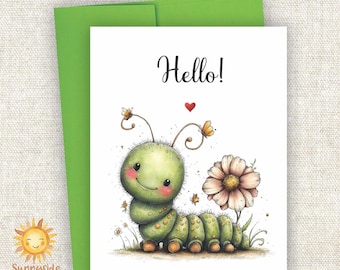 Whimsical Caterpillar “Hello” Greeting Card: Welcome Spring Summer