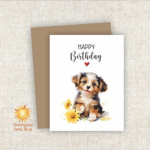 Happy Birthday, Cute Tri-Color Puppy Dog, Folded Greeting Card, Envelopes, Blank Inside, Gift for Her, Party Celebration, Dog Lover Card