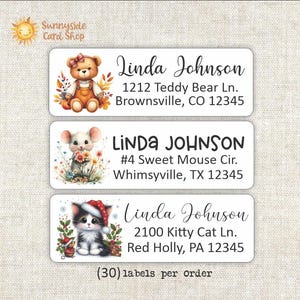 May include: Rectangular white address labels with illustrations of a teddy bear, mouse, and kitten. Each label features the name "Linda Johnson" and a unique address. The labels are from Sunnyside Card Shop.
