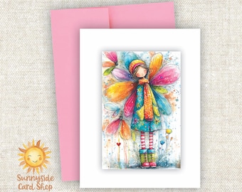 Whimsical Flower Girl Greeting Card: Quirky Watercolor Art