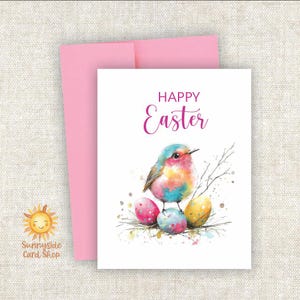Watercolor Bird Happy Easter Card: Spring Birdie, Robin Eggs, Blank Inside