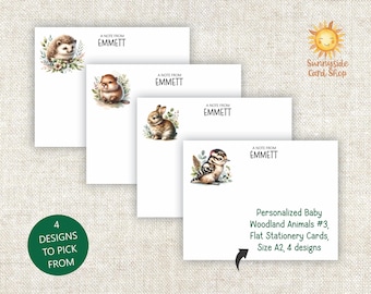 Personalized Baby Woodland Animal Note Card Set: Hedgehog, Bunny, Beaver, Woodpecker