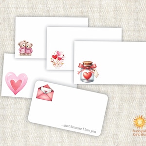 May include: White stationery cards with watercolor illustrations of hearts, teddy bears, and an envelope. One card has the text "...just because I love you." The Sunnyside Card Shop logo is in the bottom right corner.
