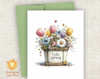 Happy Hello Spring Whimsy Greeting Card: Basket Tulips, Daisy Flowers