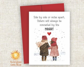 Watercolor Sisters in Snow Greeting Card: Unbreakable Bond, Connected by the Heart