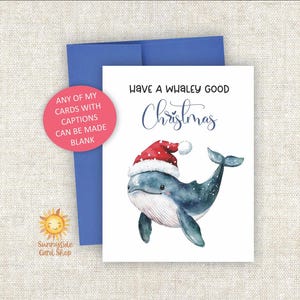 Whimsical Whale Christmas Card: Polka Dot Santa Hat, Blank Inside