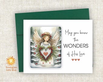 Whimsy Angel Christmas Card: Wonders of His Love, Snowy Trees, Folded Cards, Blank inside