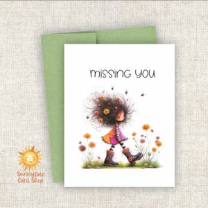 Missing You – Whimsy Girl Greeting Card: Honey Bee, Wildflowers