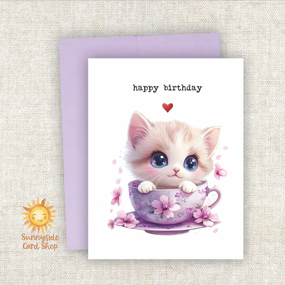 Kitty Cat Happy Birthday Greeting Card: Purrfect Blue Eyes in a Teacup ...