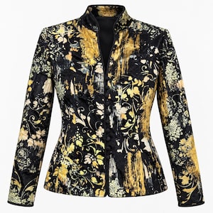 May include: A long-sleeved jacket featuring a black base with a gold and yellow floral and abstract brushstroke pattern. The garment has a high mandarin-style collar, a front opening with a row of small black fabric-covered buttons, and black trim.