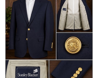 Vintage Stanley Blacker Navy Blazer Brass Button Sport Coat Mens 41 Portly Short
