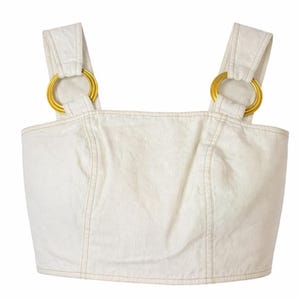 Vintage Cache Denim Crop Top Womens 8 Ivory Back Button Gold Ring 90s Y2K Euro