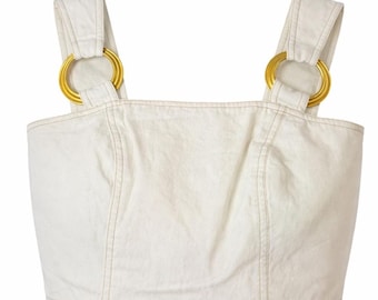 Vintage Cache Denim Crop Top Womens 8 Ivory Back Button Gold Ring 90s Y2K Euro