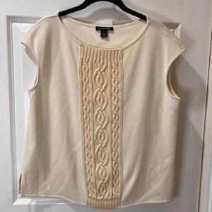 St. John Cream Cable Knit Panel Sleeveless Top Wool Blend Designer Luxury L