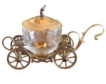 Vintage Cinderella Carriage Jam Jar Sugar Bowl GoldTone Glass Spoon Ornate Decor