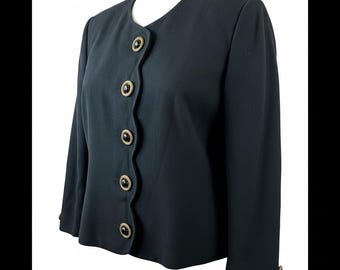 Vintage Herbert Grossman Wool Blazer Womens 16 USA Gold Button Black Jacket Chic