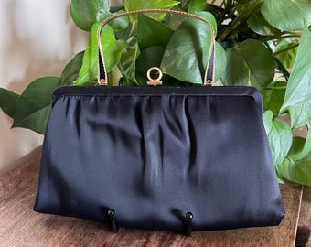 Vintage Ande Black Satin Evening Bag Gold Handle Clutch Party Purse Formal