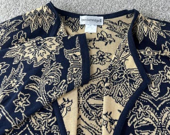 VTG Breckenridge II Navy Blue Beige Knit Cardigan Sweater Floral Paisley XL