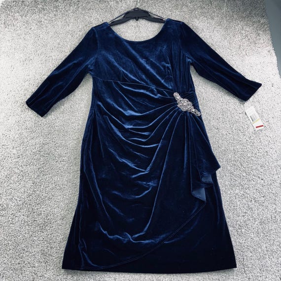 ALEX EVENINGS Womens 14 Navy Blue Velvet Beaded Rhinestone Ruched Cocktail  Dress