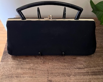 Vintage HL Black Handbag Top Handle Gold Frame Structured Clutch Purse Formal