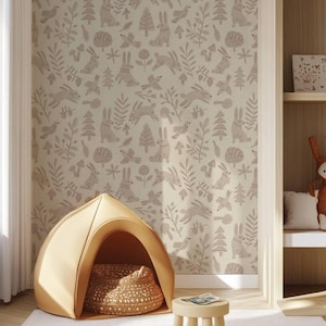 Peel Stick - Unpasted Kids Wallpaper Forest Animals Wallpaper Rabbits Birds Delicate Pastel Cute Kids Nursery Playroom Bathroom Beige Light
