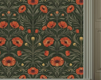 Peel Stick - Unpasted Botanical Wallpaper | Charming Floral Elegance Warm| Living room Dining room Kitchen | Red Poppies - Dark Green