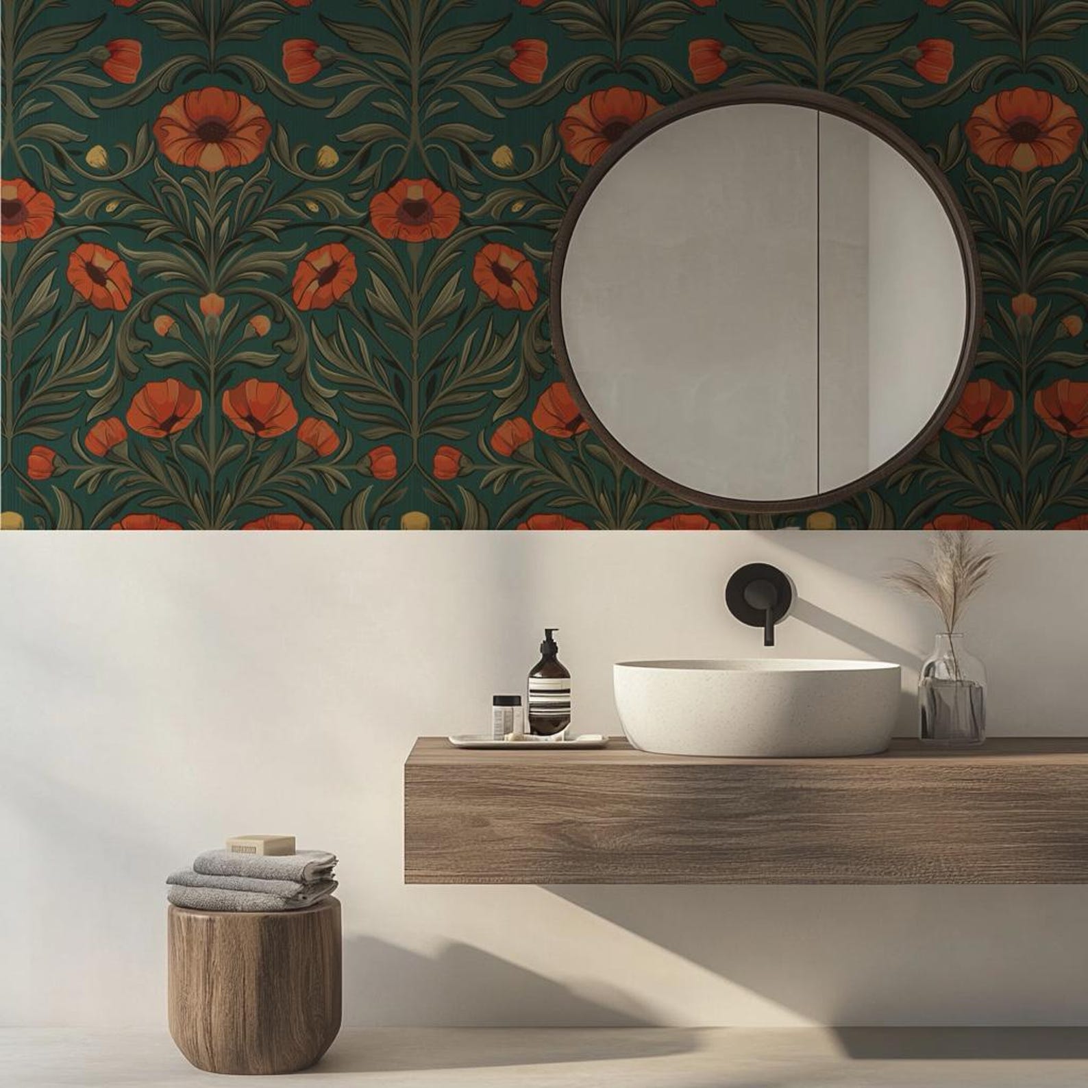 Red Poppy Floral Peel and Stick Wallpaper - Teal Green Botanical - Etsy