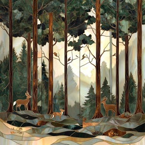 May include: A stained glass style illustration of a forest scene with tall trees, a misty background, and deer. The deer are brown with white markings and are standing in the forest.