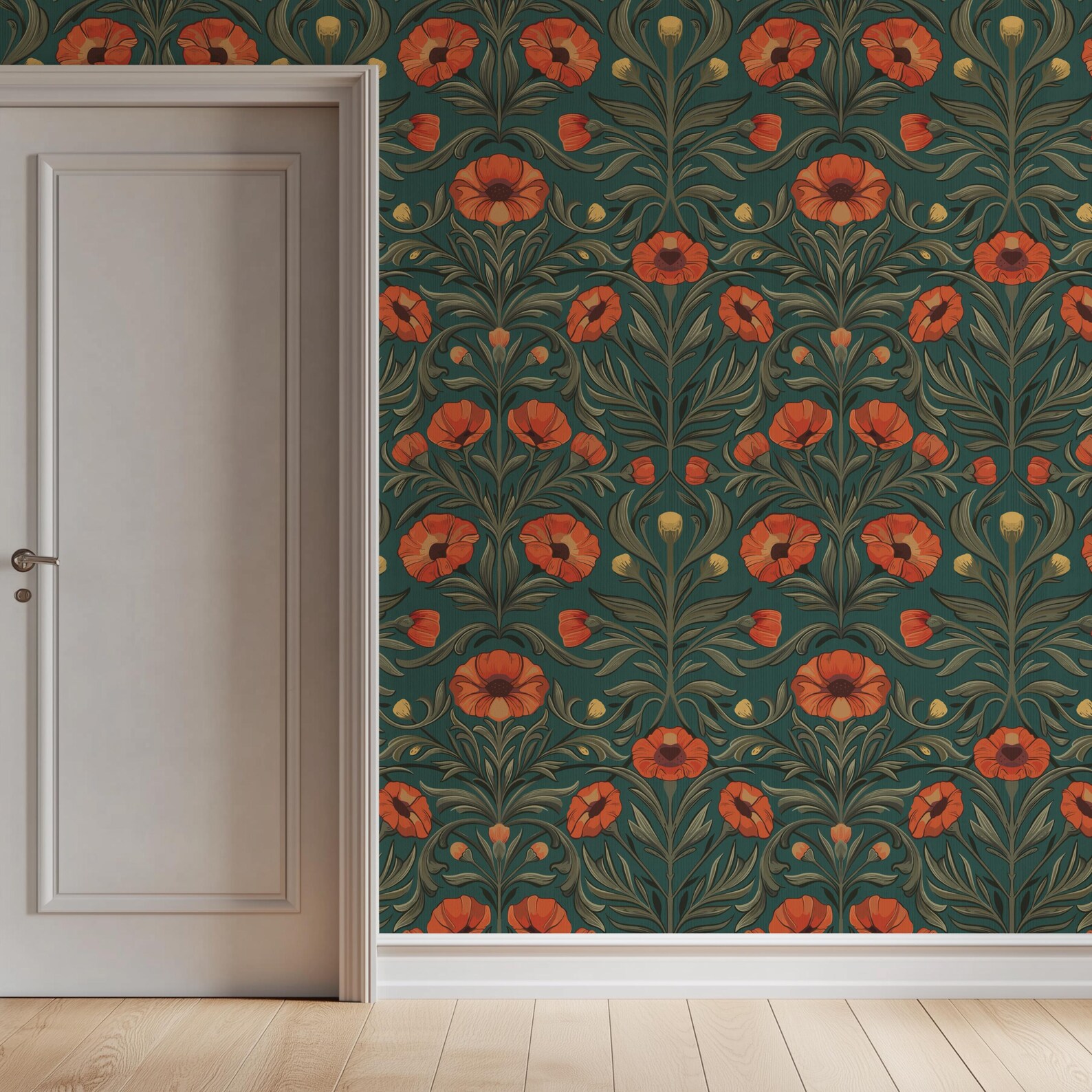 Red Poppy Floral Peel and Stick Wallpaper - Teal Green Botanical - Etsy