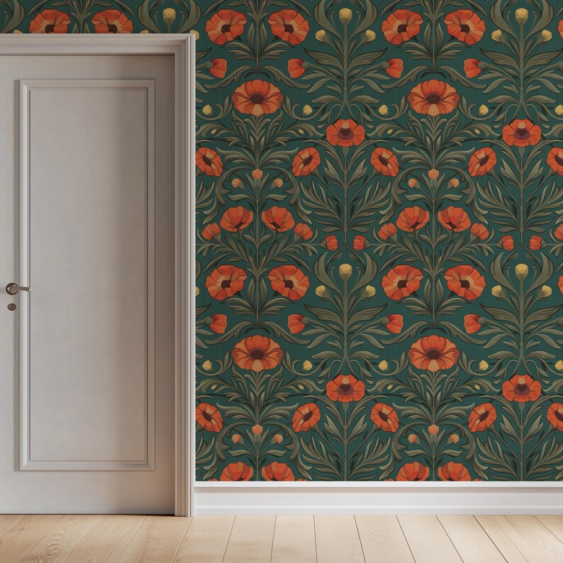 Red Poppy Floral Peel and Stick Wallpaper - Teal Green Botanical - Etsy