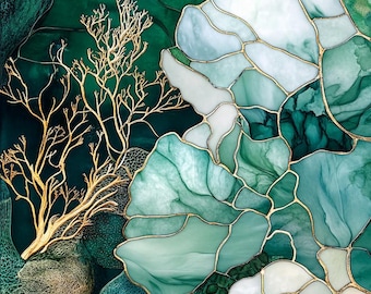 Stained Glass Window Door Film Frosted | PVC Free | Custom size | Marble Green Corals