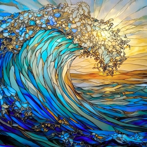 Película para puerta de vitral esmerilada / Sin PVC / Tamaño personalizado / Naturaleza, olas del mar, océano, atardecer - 919ART