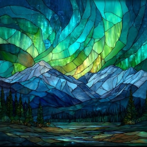 May include: Stained glass art depicting a mountain landscape under the aurora borealis. The artwork features a vibrant display of green and yellow lights in the sky, with blue and purple mountains and trees in the foreground.