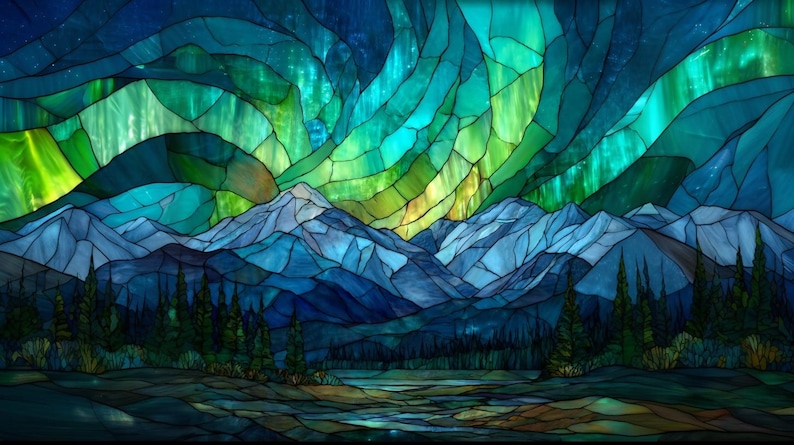 May include: Stained glass art depicting a mountain landscape under the aurora borealis. The artwork features a vibrant display of green and yellow lights in the sky, with blue and purple mountains and trees in the foreground.
