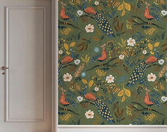 May include: Green wallpaper with a repeating pattern of peacocks, flowers, and leaves. The peacocks are blue, green, and red with gold accents. The flowers are white and pink. The leaves are green and yellow.