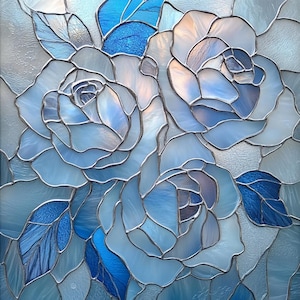 May include: A stained glass panel depicting three blue roses with intricate petal and leaf details. The design uses shades of blue and white, with a silver outline. This decorative artwork is suitable for a window or wall, showcasing a floral theme.