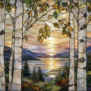 May include: Stained glass panel showing a landscape with birch trees. The artwork features a sunset over a lake, with mountains in the background. The trees have white bark and green and gold leaves.