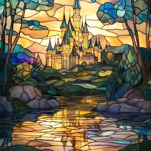 May include: Stained glass artwork depicting a fairytale castle with multiple spires, set against a sunset sky. The castle is surrounded by trees and a reflective body of water, with a color palette of blues, greens, yellows, and oranges. The artwork is reminiscent of a storybook illustration.