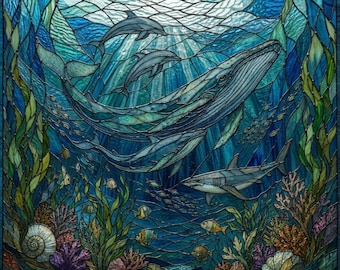 Stained Glass Window Door Film Frosted | PVC Free | Custom size | Deep Ocean