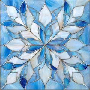 May include: A stained glass panel featuring a floral design in shades of blue and white. The design is symmetrical, with petal-like shapes radiating from a central point. The glass is outlined with gold-colored metal.