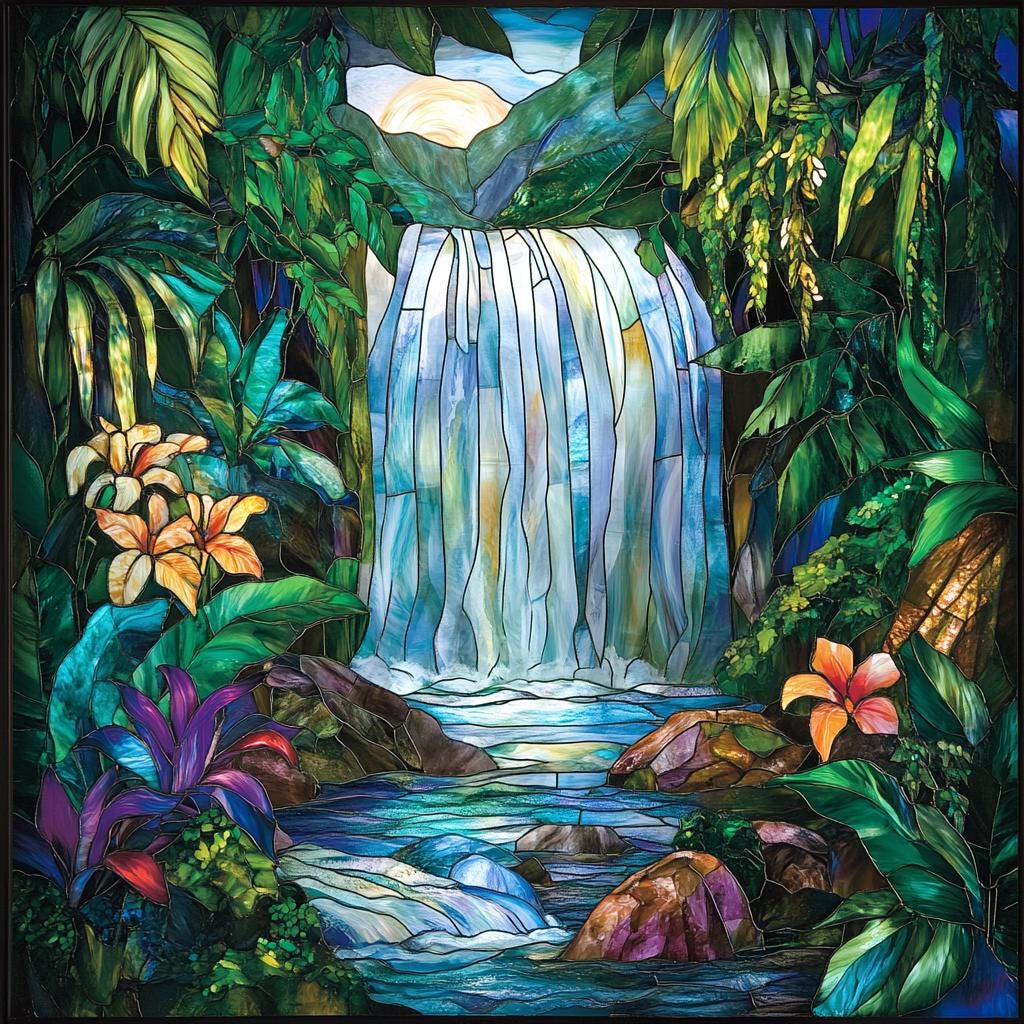 Stained Glass Window Door Film Frosted | PVC Free | Custom size | Green Tropical Waterfall - 42ART