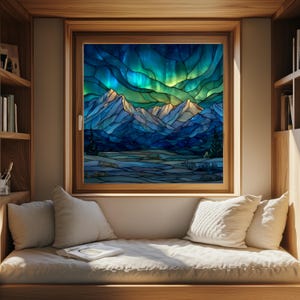 May include: A stained glass window depicting a mountain range under a vibrant aurora borealis. The artwork features shades of blue, green, and yellow. The window is set in a wooden frame, above a cozy window seat with pillows.
