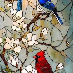 May include: Stained glass artwork featuring three birds perched on branches with white magnolia flowers. Two blue jays and a red cardinal are depicted against a backdrop of blue, green, and yellow glass.