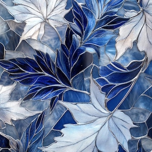 May include: Abstract stained glass design featuring stylized leaves in shades of blue and white. The leaves have intricate veining and are set against a mosaic background of varying blue tones. A decorative piece for home decor.