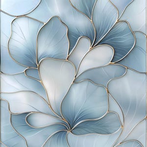 May include: Abstract floral design featuring overlapping petal shapes in shades of blue and white, outlined with gold-colored lines. The design has a stained-glass effect, creating a decorative and artistic pattern.