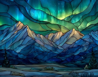 Stained Glass Window Door Film Frosted | PVC Free | Custom size | Mountains Northern Lights  - 284ART