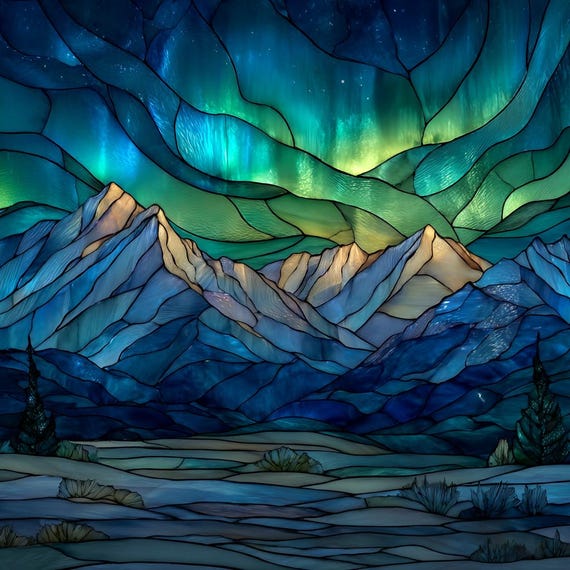 Stained Glass Window Door Film Frosted | PVC Free | Custom size | Mountains Northern Lights  - 284ART