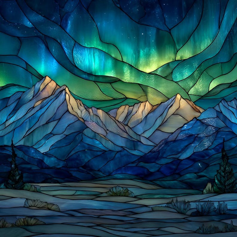 May include: Stained glass artwork depicting a mountain range under a vibrant aurora borealis. The piece features shades of blue, green, and yellow, with detailed lines defining the landscape and sky. The mountains have a light tan color on the peaks.